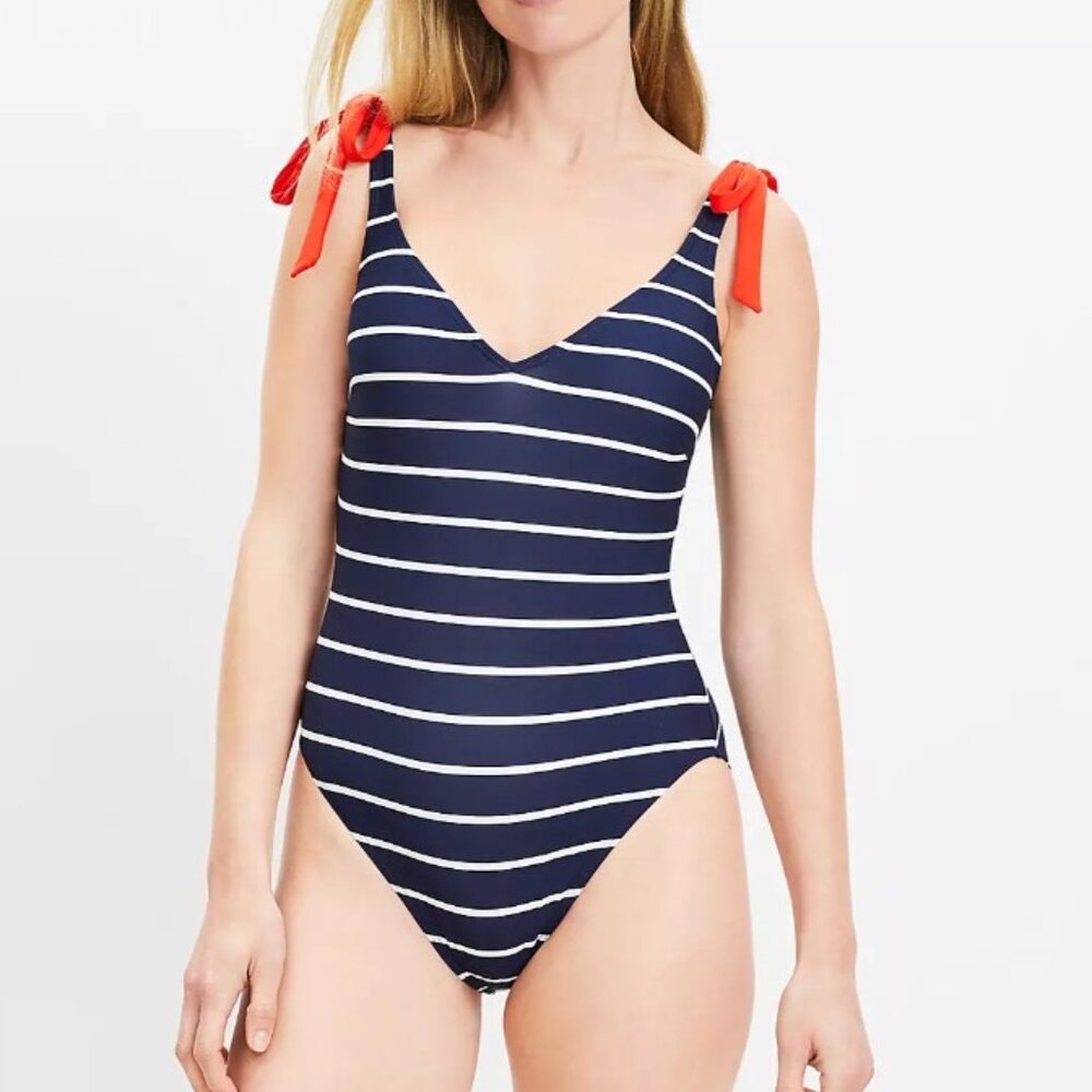 LOFT Beach Navy & White Striped One-Piece Swimsuit - Size Medium